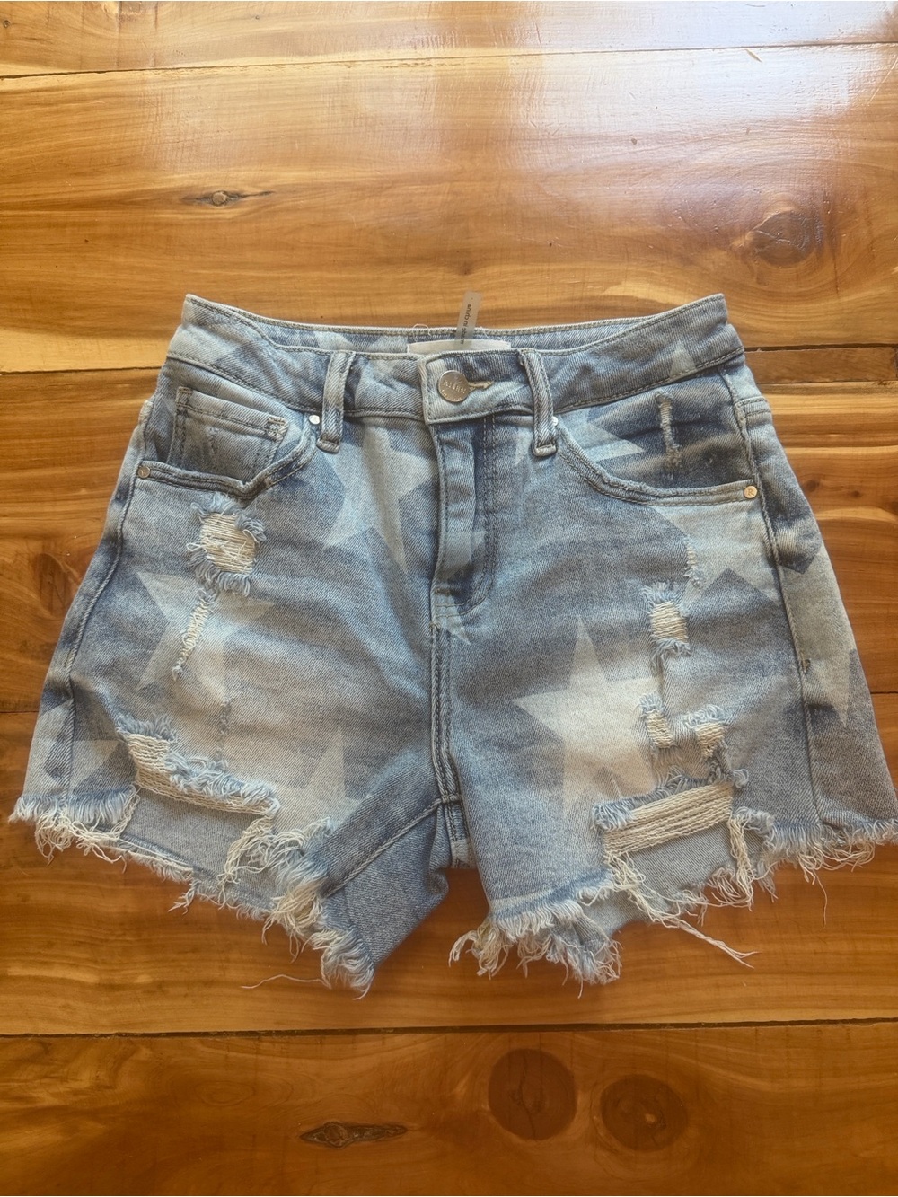 Star-Print Distressed Denim Shorts in Light Blue, Size Small, Risen Brand